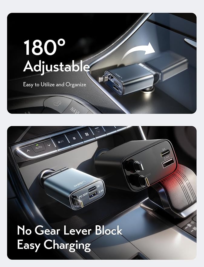 LISEN Car Charger USB C Fast Charge, [Single-Port] Retractable Car Charger USB C, RV Power Adapters for Women Men Phone Type C Charging for iPhone 17 Pro Max 16 15 Samsung S26 S25, MacBook Neo | 54W Car Phone Type C Charging with 30W USB C Cable RV Pow...