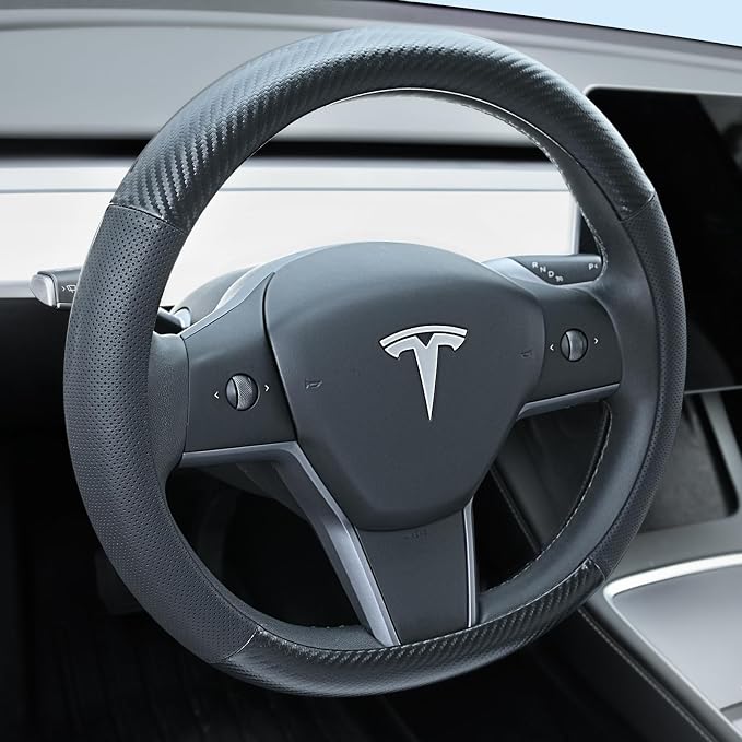 Uxcer Carbon Fiber Leather Steering Wheel Cover for Tesla Model 3/Y 2016-2025 2026 Juniper/Highland, Non-Slip Breathable Steering Wheel Protector for Tesla Model 3/Y Accessories 2026