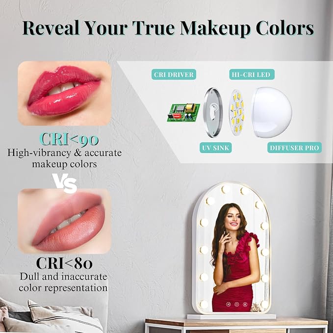 LUXFURNI Vanity Mirror with Lights, 24.5" Arched Hollywood Makeup Mirror | 12 LED Lights, 3 Color Modes, Touch Memory Control, Arched Frame No‑Bend Full‑Face View, HD Anti‑Glare Rust‑Resistant Glass