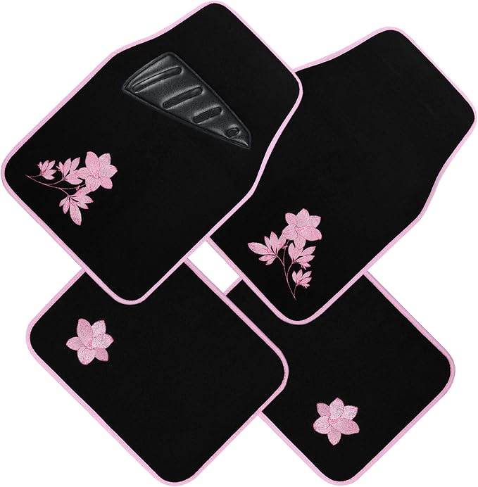 August Auto Universal Fit Flower 4PC Carpet Car Floor Mats with Heelpad Fit for Sedan, SUVs, Truck, Vans