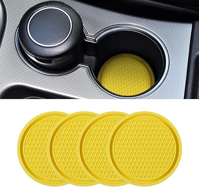 XINLIYA Car Cup Holder Coaster, 4 Pack 2.77 Inch Diameter Non-Slip Universal Insert Coaster, Durable, Suitable for Most Car Interior, Accessory for Women and Men (Yellow)