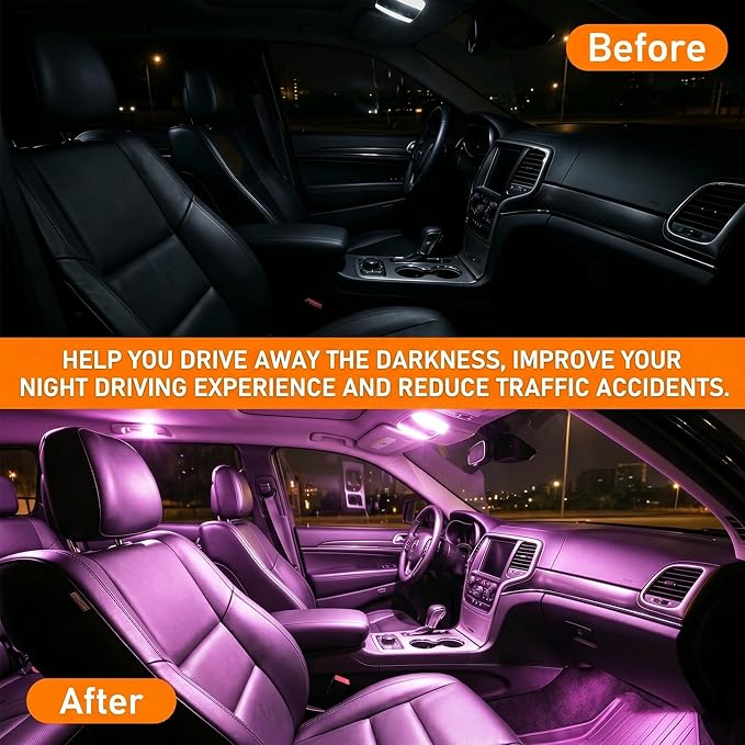 24PCS Car LED Interior Light Kit, T10 31mm 41mm LED Dome Light Bulb Set Replacement for Map License Plate Door Side Marker Cornering and Trunk Interior Lighting, Fits Most Cars(Pink Purple)