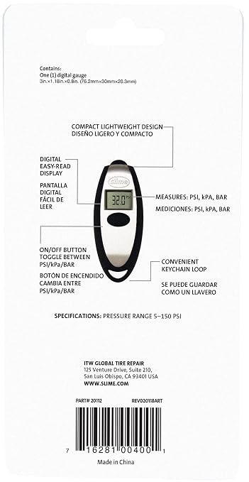 Slime 20112 Tire Gauge, Mini Digital, 5-150 psi, Compact and Accurate
