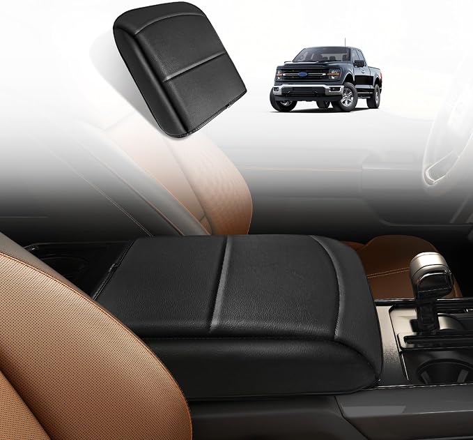 Muslogy Center Console Armrest Cover Fit for Ford F150 2021-2025 2026 Accessories, Comfort Armrest Pad Console Lid Cushion Vegan Leather 1-Inch Extra Thick(Bucket Seat ONLY)