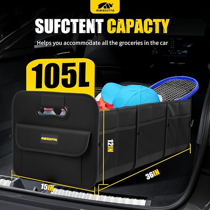 MIKKUPPA Car Trunk Organizer - 105L Collapsible Large Trunk Organizer with Reinforced Handles for Groceries, Trunk Storage Organizers for SUV Auto Truck Van with Non Slip Bottom (Black)