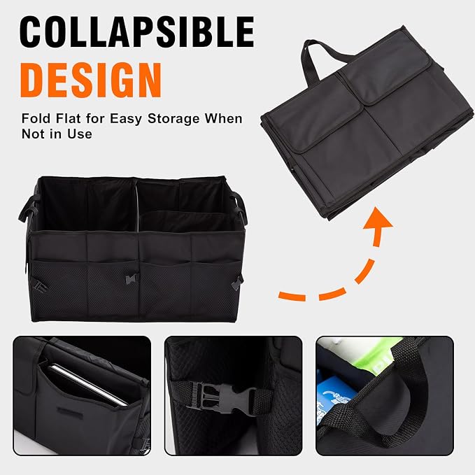Car Trunk Organizer, Collapsible Multi Compartment Vehicle Storage Box, Waterproof Adjustable Automotive Organization Container Accessories, Universal for SUV, Sedan, Truck (Black)