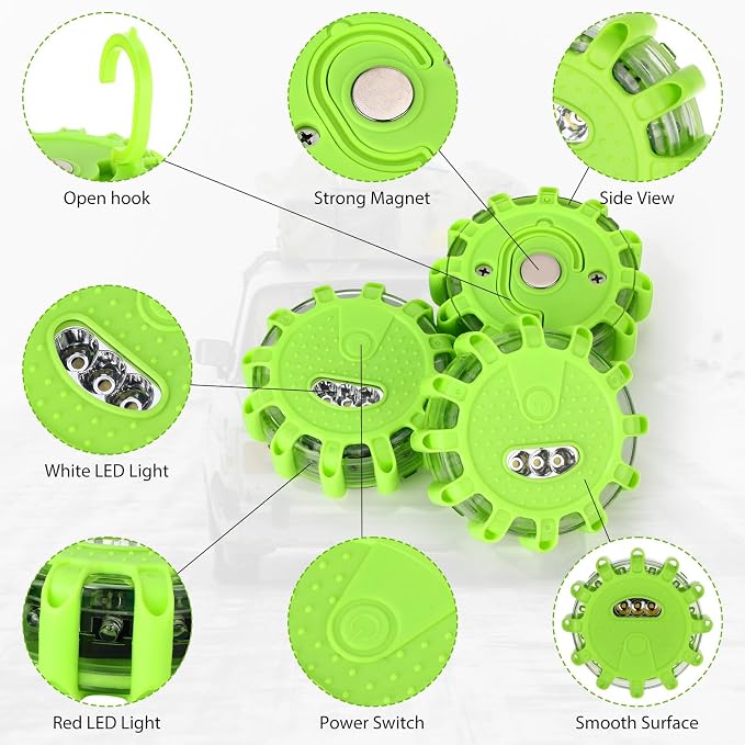 Tallew 4 Pack LED Road Flares Emergency Light Kit 9 Glow Modes Flashing Safety Warning Beacon Magnet Hook Vehicle Boat Truck Disc Magnetic Flash Cars Security Driveway Automotive Strobe(Green)