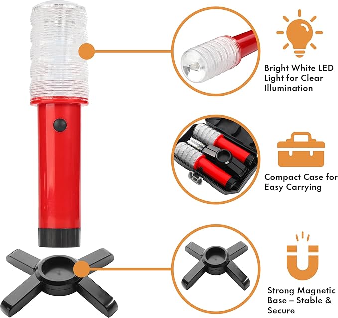 Twinkle Star LED Emergency Roadside Flares Kit, Set of 2 | Safety Strobe Road Warning Light, Highway Beacon Alert Flare, Magnetic Base, Detachable Stand, Solid Storage Case