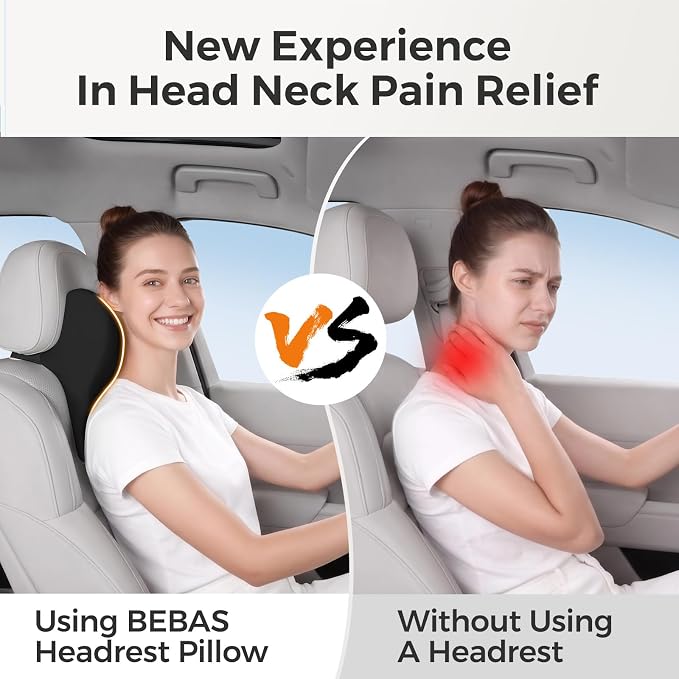 BEBAS Car Headrest Pillow, Ergonomic Memory Foam Car Neck Pillow for Driving, Neck Support Pillow with Breathable Removable Cover, Headrest Support Cushion for Pain Relief, Fits All Vehicles(Black)