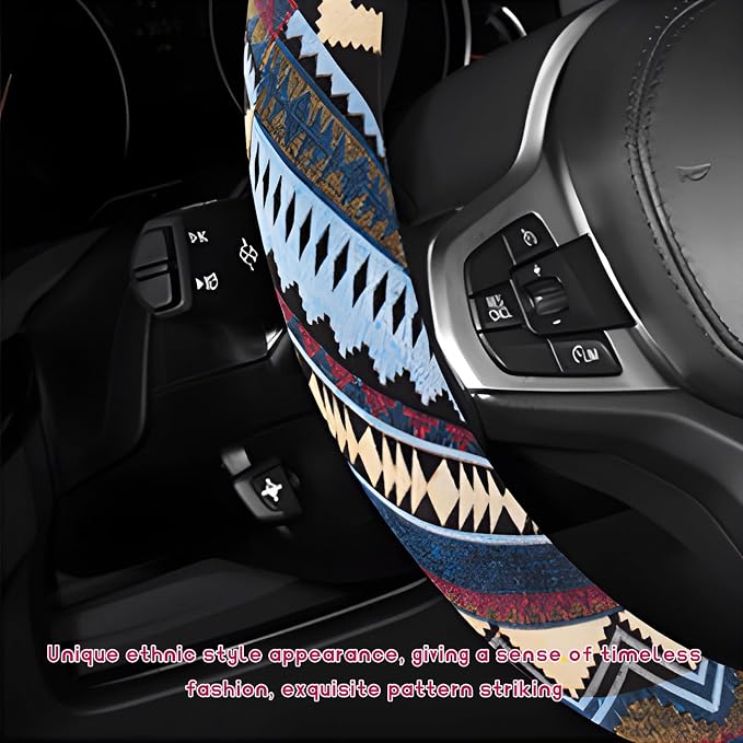 Boho Steering Wheel Cover, Anti-Slip Coarse Flax Cloth Ethnic Style Auto Wheel Cover, Breathable Boho Auto Steering Wheel Protector for Women Men, Car Accessories (Style H)