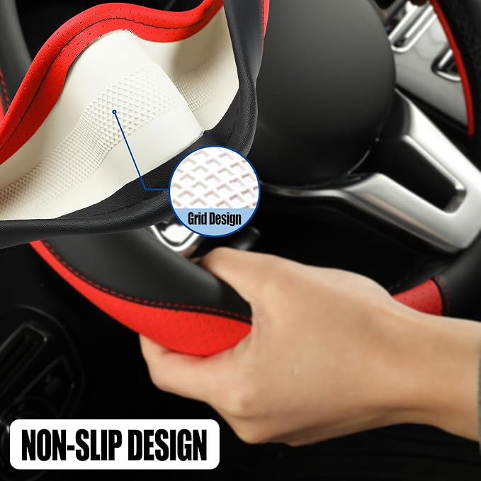Black Red Breathable Microfiber Leather Steering Wheel Cover | Breathable Anti Slip Grip Cool Sporty Look Glow for Women Men