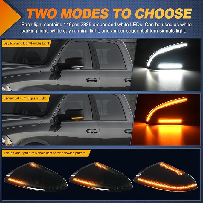 Nilight Side Mirror Marker Light Switchback Amber Turn Signals White Puddle Lights Smoked Lens Plug and Play Compatible With 2009-2018 Ram 1500 2500 3500 2009-2022 Classic