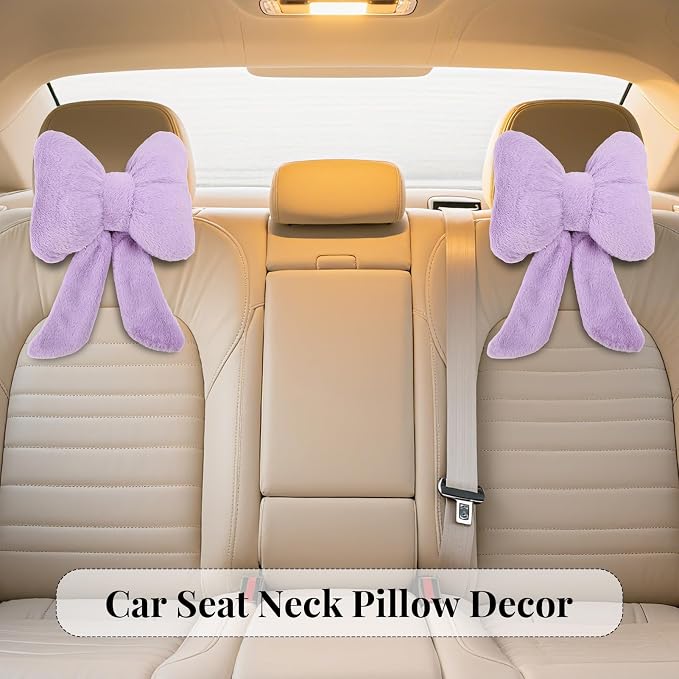 Bow Car Headrest Pillows Plush Car Neck Pillows for Travel Driving Office Chair Head Support Cushions, Also Cute Car Decor Accessories (2PCS Purple)