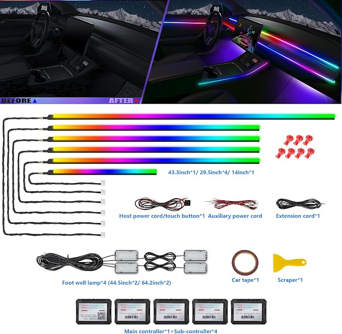 Acrylic Interior Car LED Strip Light with Wireless APP, RGB Dreamcolor 10 in 1 with 175 inches 600 LEDs Fiber Optic Strip Lights for Car, Dynamic Chasing Sound Active Neon Car Ambient Lighting Kits