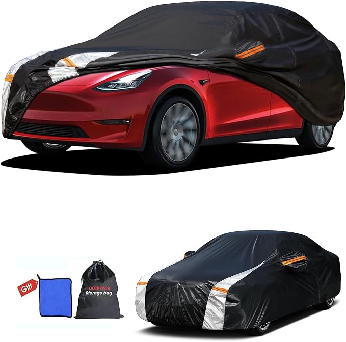 12-Layer Custom Fit Car Cover for Tesla Model Y/Model Y Juniper(2020-2026), Upgraded Waterproof All-Weather Full Exterior Cover with Door Zipper, for Snow Rain Dust and Sun UV Protection.