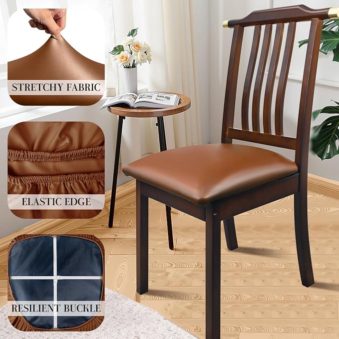 Pu Leather Dining Chair Seat Covers Set of 6, Waterproof Dining Seat Covers Stretch Chair Covers for Dining Chairs/Kitchen Room/Hotel, Odorless Seat Covers for Kitchen Chairs (Orange - 6 PCS)