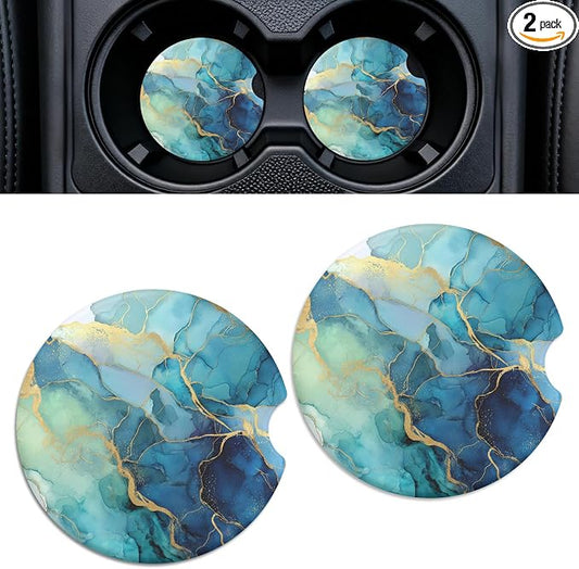 Car Cup Holder Ceramic Coasters 2 Pack, 2.56 in Anti Slip Absorbent Coaster with Cork Base and Finger Notch, Funny Cute Car Accessories Interior for Women, Green Blue Stone
