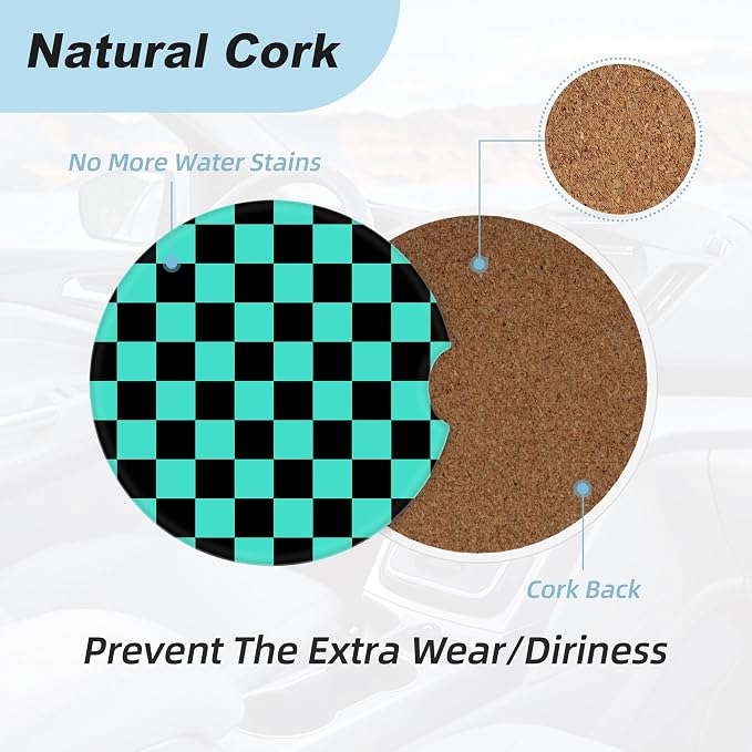Green and Black Checkered Car Coasters for Cup Holders,2 Pack Car Cup Holder Coasters for Car,Ceramic Absorbent Car Coaster with A Finger Notch and Cork Base,Car Interior Accessories for Women Men