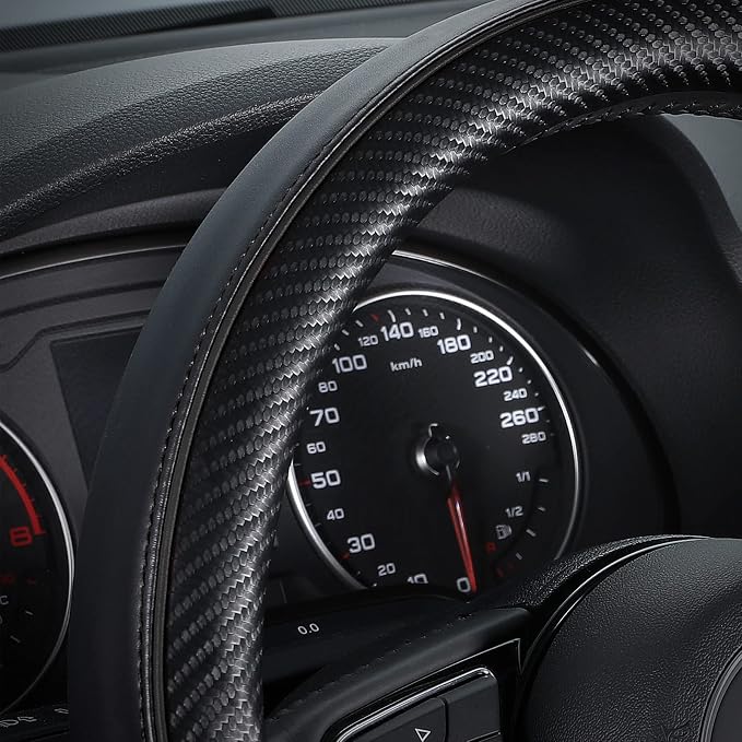 SEG Direct Car Steering Wheel Cover Small-Size for Prius Civic Model 3 Model Y Camaro Rogue with 14"-14 1/4" Outer Diameter Leather with Carbon Fiber Pattern Black