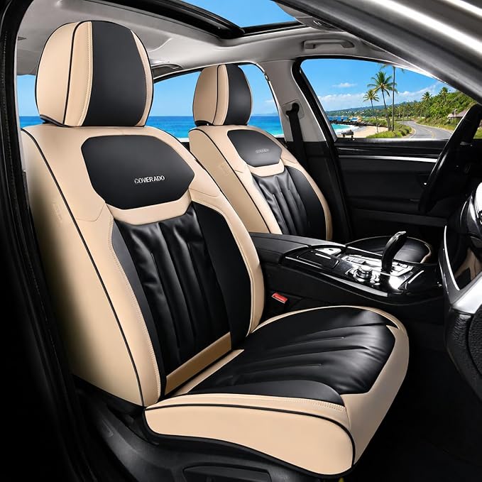 Coverado Front Seat Covers, Waterproof Leather Car Seat Covers, Seat Covers Car Seat Protector, Automotive Seat Covers Universal Fit for Most Cars(Front, Beige&Black)