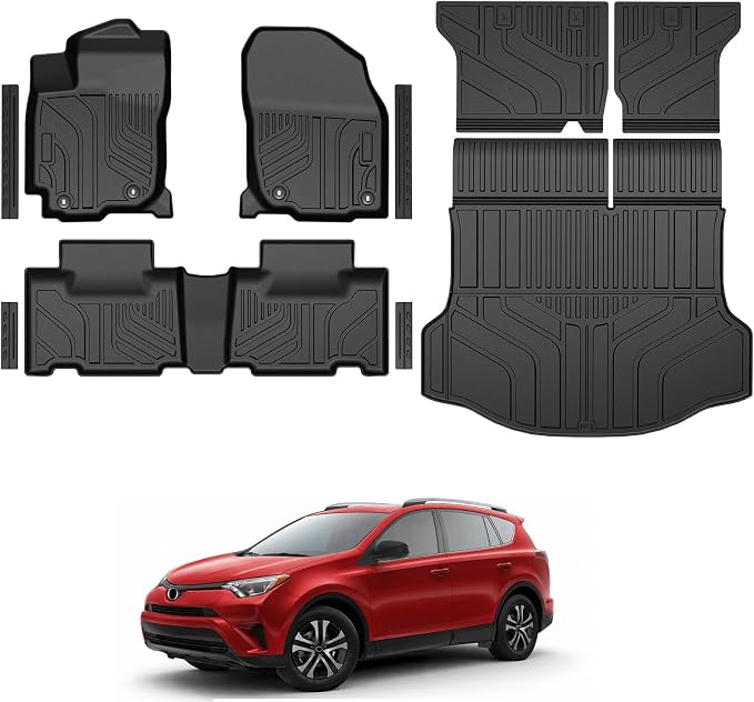 Floor Mats for Toyota RAV4 Gas 2013-2018, All Weather Floor Mats Trunk Cargo Liner with Backrest Protectors and Door Sill Guards Accessories, Full Coverage Set