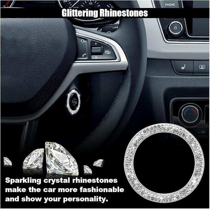 Car Bling Crystal Rhinestone Engine Start Decoration Ring, Start Button Cover Sticker Key Ignition & Knob Decoration, Bling Car Interior Accessories for Women (White)