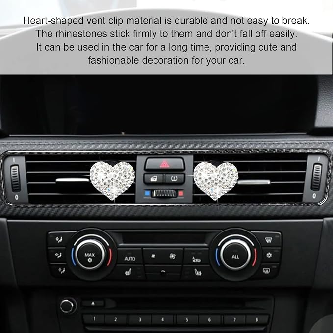 2Pcs Car Air Vent Clip, Bling Crystal Heart Charms Car Air Vent Clips, Car Air Conditioning Outlet Clip Decorative, Car Interior Decoration Accessories Universal for Women and Man (White)