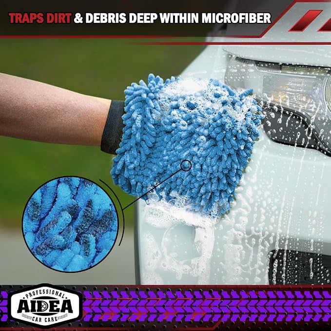 AIDEA Car Wash Mitt Microfiber, 2PK, Car Wash Brush, Blue, 8''X12'' | Scratch Free Lint Free Premium Chenille Microfiber Mitt, Cleaning Supplies, Extra Large Size