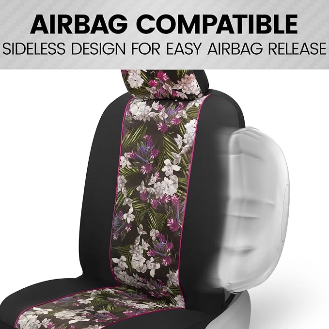 BDK Pink Flower Faux Leather Car Seat Covers for Front Seats, 2 Pack – Floral Pattern with Matching Headrest, Easy Installation, Fits Most Car Truck Van and SUV, Catalina Floral