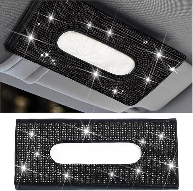 Bling Car Sun Visor Tissue Box Holder, Leather Automotive Napkin Box Holder Organizer with Crystal Rhinestone, Sparkling Vehicles Sun Visor Paper Towel Cover Case, Universal Fit (Black)