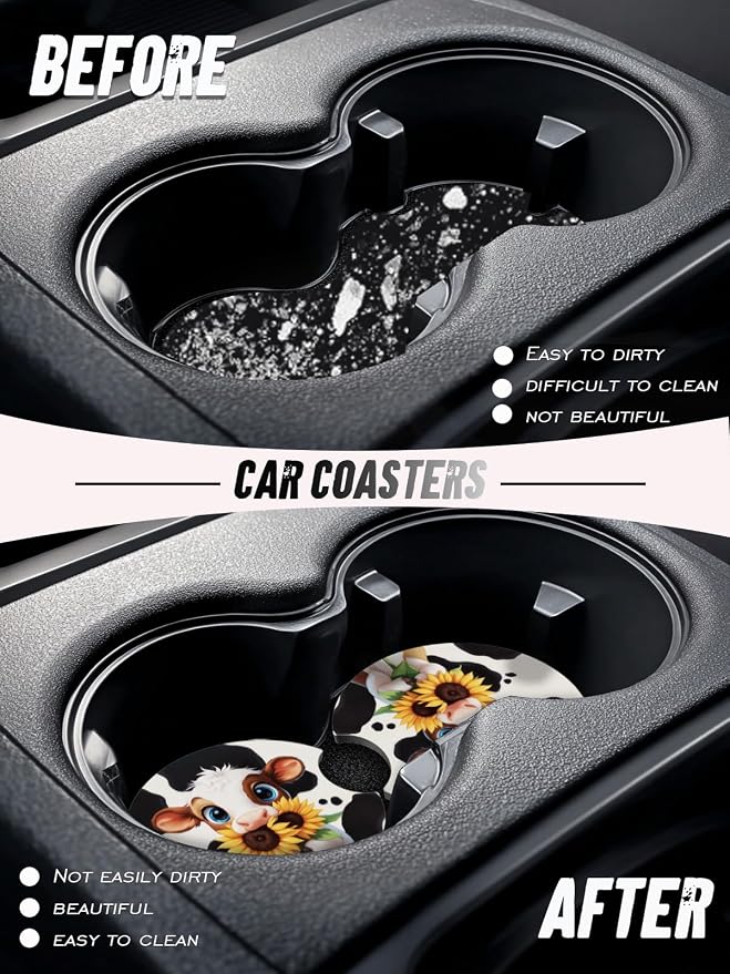 Car Cup Coasters,2 Pack Car Coaster,2.75inch Anti Slip and Absorbent Cars Coasters for Cup Holders,Neopren Accessories for Women,Cute Decor for Women (Cow Sunflowers)