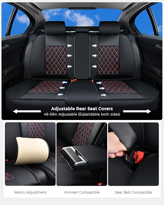Huidasource Rear Seat Cover, Nappa Leather Back Seat Cover Velcro Adjustable, Compatible with Armrests, Seat Belts, Child Safety Seats, Fit for Most Cars SUVs Trucks (Back Row/Black&Red)