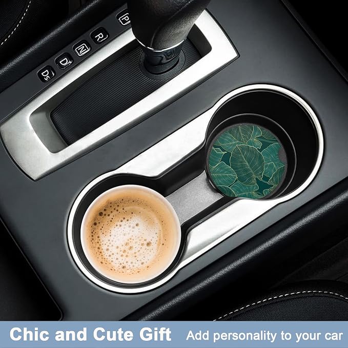 Nipichsha Car Coasters for Cup Holders, 2 Pack Absorbent Ceramic Car Cup Holder Coaster for Drinks, Cute Auto Assecories for Women, Universal Size 2.56 in with Finger Notch & Cork Base, Tropical Leaf