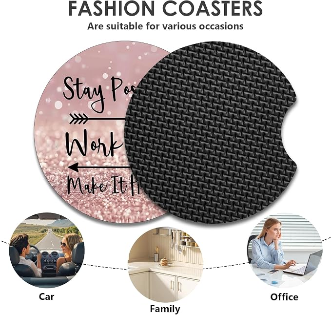 2 Pack Car Coasters，2.75-inch Neoprene Non-Slip Cup Holder Coasters for Car，Cute Car Interior Accessories for Men and Women，Pink Letters