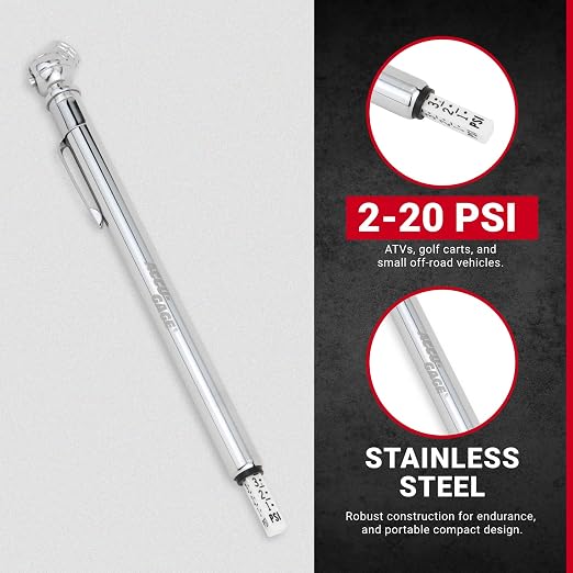 Accu-Gage Pencil Tire Pressure Gauge (2-20 PSI) Heavy Duty Stainless Steel Low Pressure Gauge Single Head Air Chuck wi/Built-in Deflator, 4 Replacement Tire Valve Caps