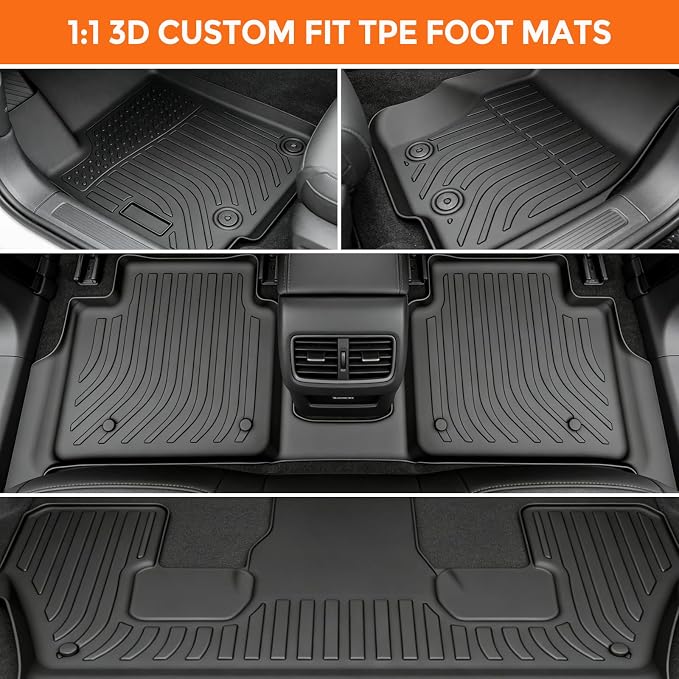 Floor Mats for Jeep Grand Cherokee L 6 Seat 2021-2025 | (Not for 4XE, JL or JK), Custom Fit Heavy Duty TPE All Weather Protection, Waterproof Non-Slip Black (Three-Row Floor Mats)