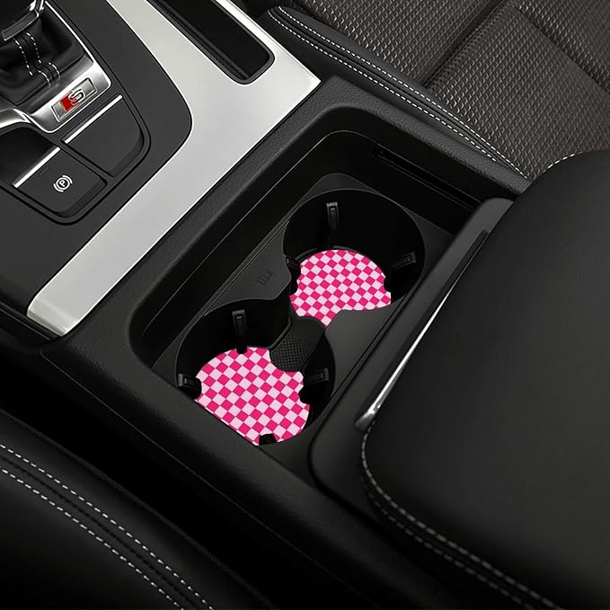 Pink Checkered Steering Wheel Cover - Pink Checkered Steering Wheel Cover Anti-Slip Breathable for 15 in Universal 2 Pcs Car Interior Cup Holder Pad for Men Women