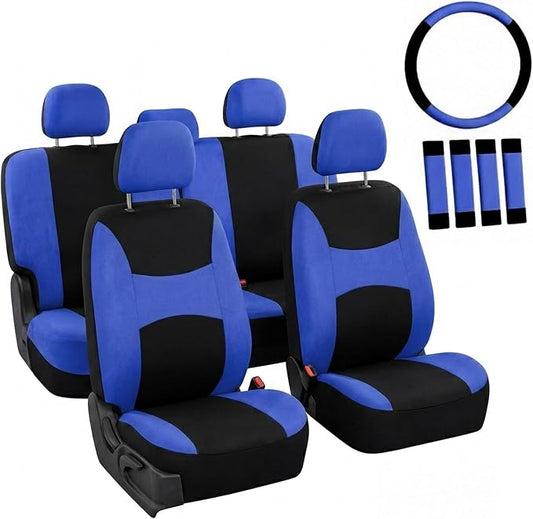 FH Group Full Set Cloth Car Seat Covers , Universal Fit Combo Set with Steering Wheel Cover and Seat Belt Pad for Cars, SUVs and Trucks, Blue
