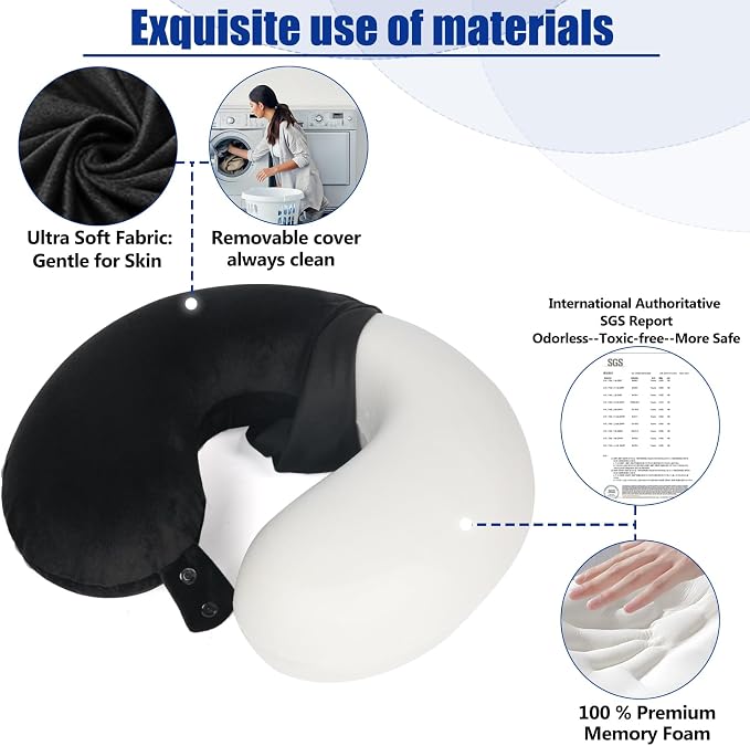 SAIREIDER Neck Pillows for Travel 100% Memory Foam Adjustable Travel Pillows with Storage Bag, Sleep Mask and Earplugs-Prevent The Heads from Falling Forward (Black)