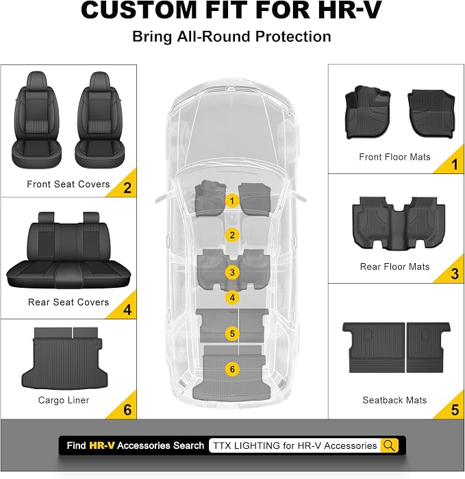 Floor Mats for Honda HRV 2016 2017 2018 2019 2020 2021 2022 | All Weather TPE Custom Fit HR-V Floor Liner Accessories, 1st & 2nd Row, Black