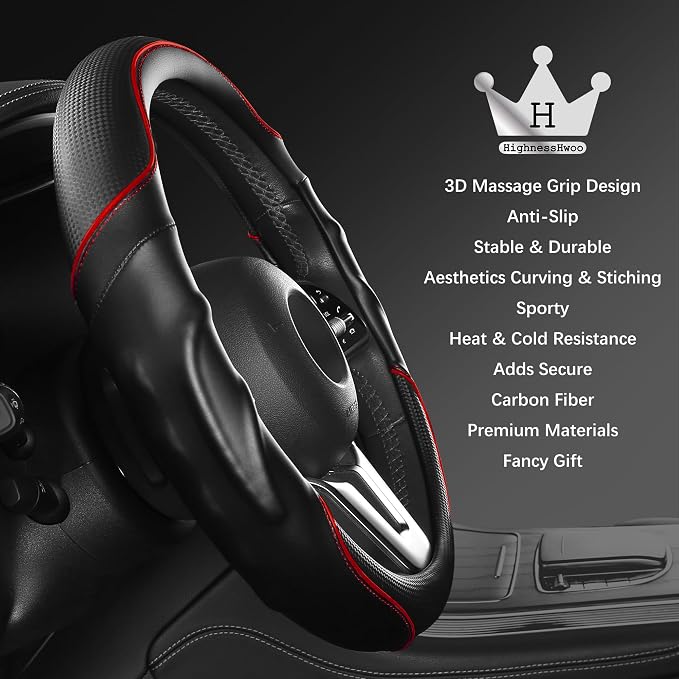 HighnessHwoo 3D Car Steering Wheel Cover Comfort Grip Massage Sporty Anti-Slip Carbon Fiber Faux Leather for Sedan SUV, Universal Fit, Car Handle Covers for All Seasons, 14.75-15.15in, Red