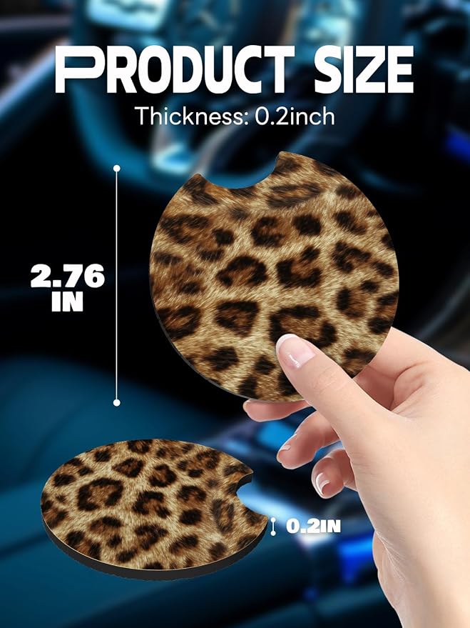 WOCOCN Car Coasters,Cup Holder Coasters for Car,2.75inch Anti Slip and Absorbent,Cute Automotive Interior Accessories for Cup Holder,Pack of 2 (Brown Leopard Print)