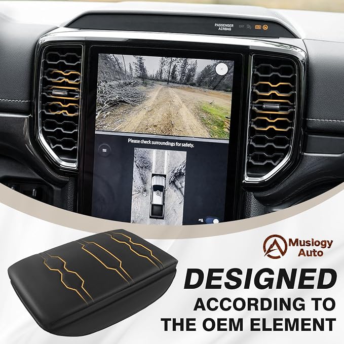 Muslogy Center Console Armrest Cover Fit for Ford Ranger 2024 2025 2026 Accessories, Comfort Armrest Pad Console Lid Cushion Vegan Leather 1-Inch Extra Thick(Black/Black Trim)