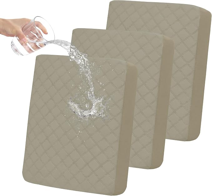Easy-Going Waterproof Couch Cushion Covers, Non-Slip Leakproof Sofa Seat Cushion Slipcovers, Quilted and Stretch Furniture Protector for Dogs, Pets (3-Piece Sofa Cushion, Beige)