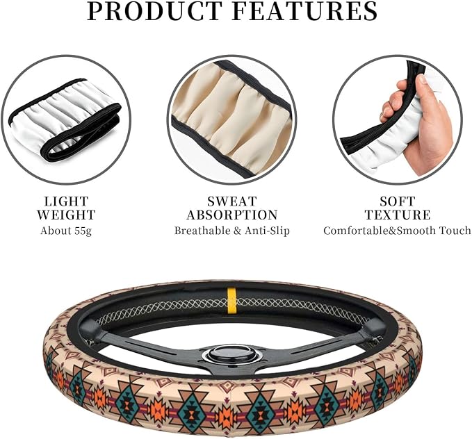 Retro Tribal Aztec Native Steering Wheel Cover For Women Men Girls Car Accessories Decor Anti-Slip Neoprene Auto Steering Wheel Covers Protector Universal 15 Inch