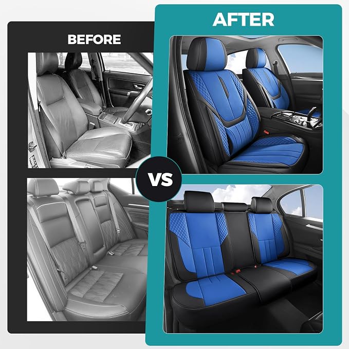 Universal Car Seat Covers for SUVs Sedans Trucks BlackBlue | universal fit, faux leather, waterproof, breathable, stain/scratch resistant, airbag compatible, anti-slip, easy install