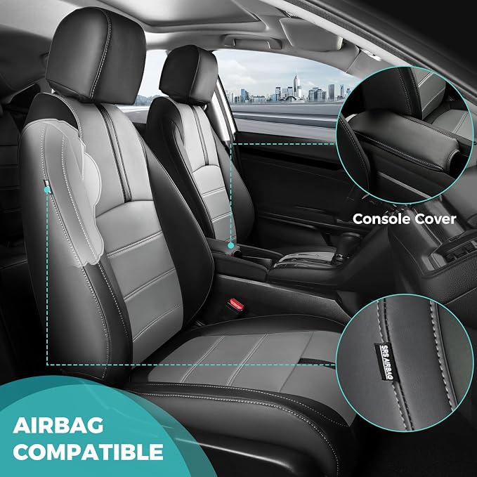 Seat Covers for Honda Civic Sedan LX 2016 2017 2018 2019 2020 2021, Faux Leather Car Seats Cover Full Set Waterproof, Black Grey (Solid Rear Seatback - No Rear Armrest)