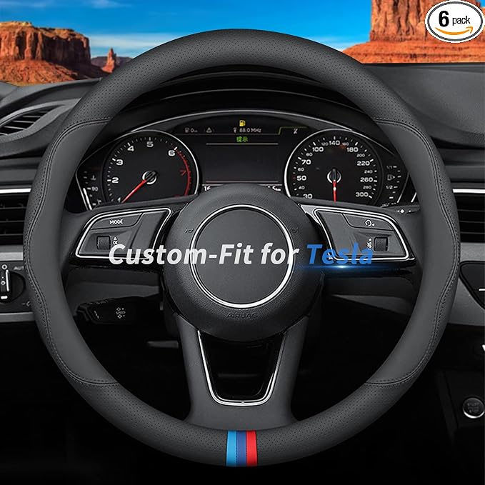 Deer Route Custom-Fit for Tesla Steering Wheel Cover, Premium Leather Car Steering Wheel Cover with Logo, Non-Slip, Breathable, for Tesla Accessories (D-Style,for Tesla)
