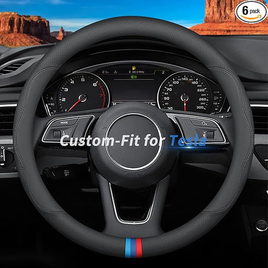 Deer Route Custom-Fit for Tesla Steering Wheel Cover, Premium Leather Car Steering Wheel Cover with Logo, Non-Slip, Breathable, for Tesla Accessories (D-Style,for Tesla)