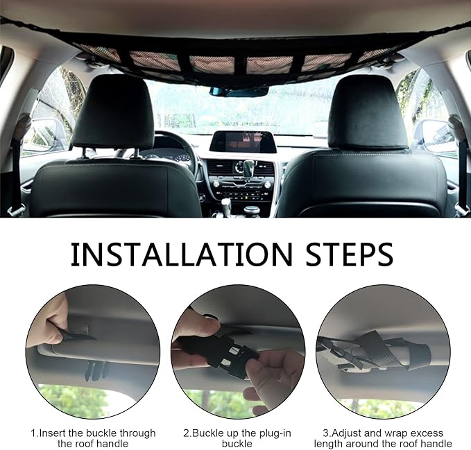 Car Roof Storage Net, Double Layer Mesh Polyester Auto Ceiling Cargo Net, 31.5" x 21.6" Camping Overhead Storage Organizer, Universal for Sedans Jeeps SUVs (Black)
